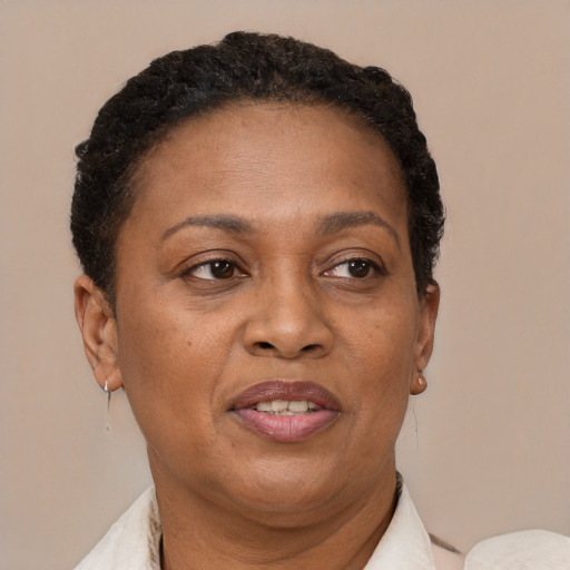 Joyful black adult female with short  brown hair and brown eyes