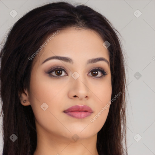 Neutral white young-adult female with long  brown hair and brown eyes