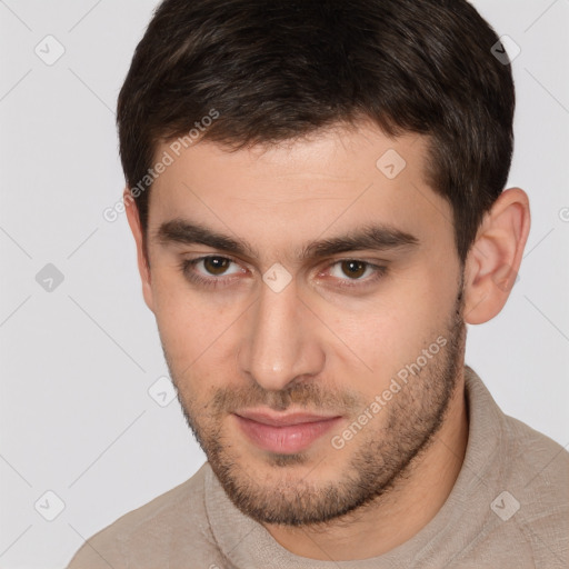 Neutral white young-adult male with short  brown hair and brown eyes