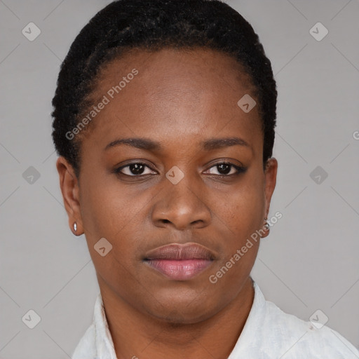 Neutral black young-adult female with short  brown hair and brown eyes