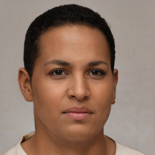 Neutral latino young-adult female with short  brown hair and brown eyes