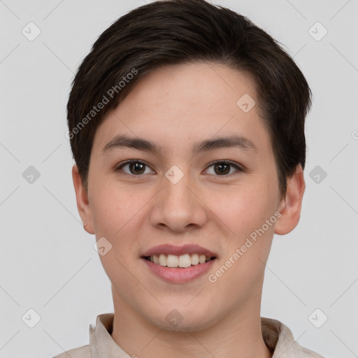 Joyful white young-adult female with short  brown hair and brown eyes