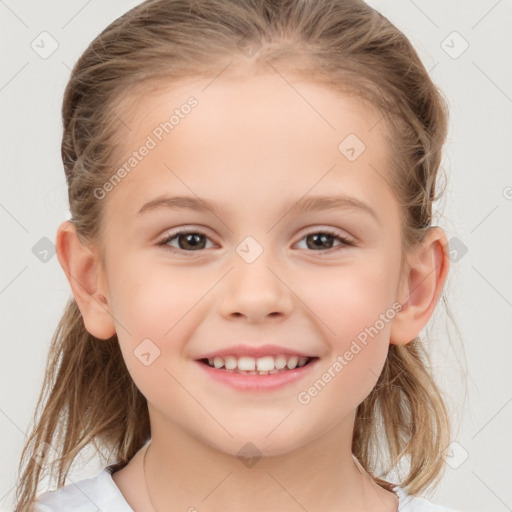 Joyful white child female with medium  brown hair and brown eyes