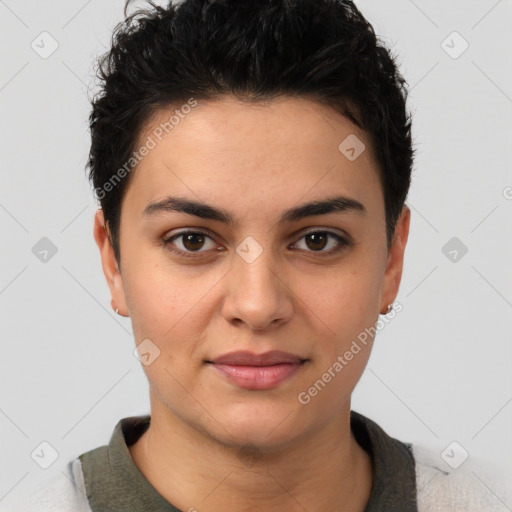 Joyful white young-adult female with short  brown hair and brown eyes