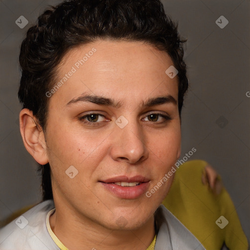 Joyful white young-adult female with short  brown hair and brown eyes