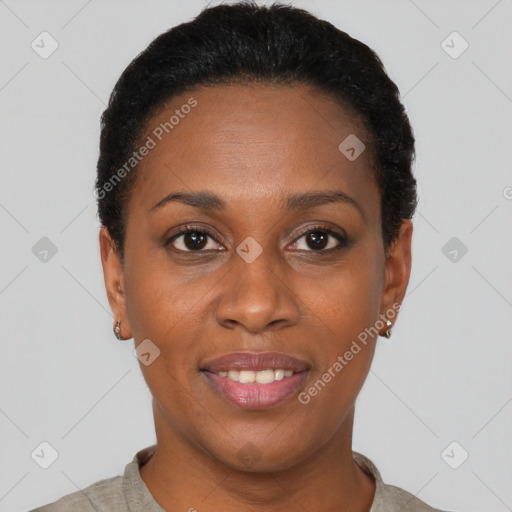 Joyful black young-adult female with short  black hair and brown eyes