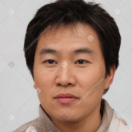 Neutral asian young-adult male with short  brown hair and brown eyes