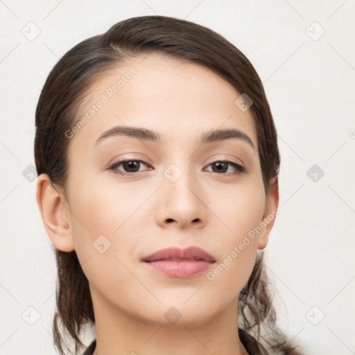 Neutral white young-adult female with medium  brown hair and brown eyes