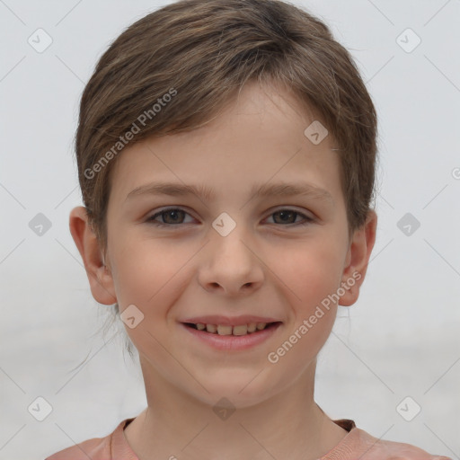 Joyful white child female with short  brown hair and brown eyes