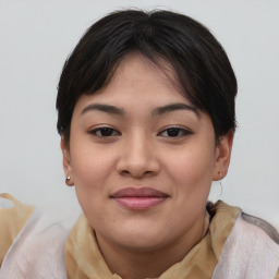 Joyful asian young-adult female with medium  brown hair and brown eyes