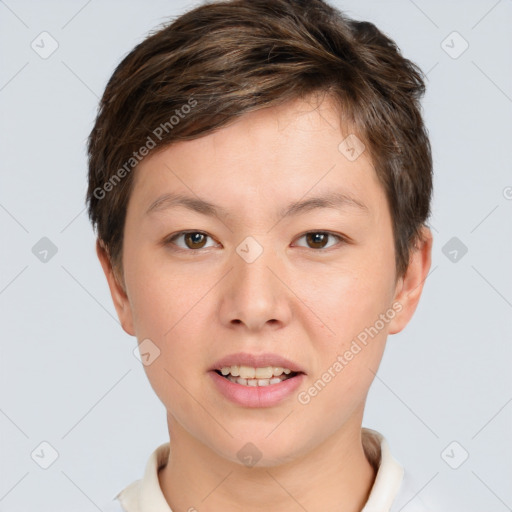 Joyful white young-adult female with short  brown hair and brown eyes
