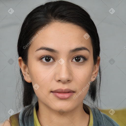 Neutral white young-adult female with medium  brown hair and brown eyes