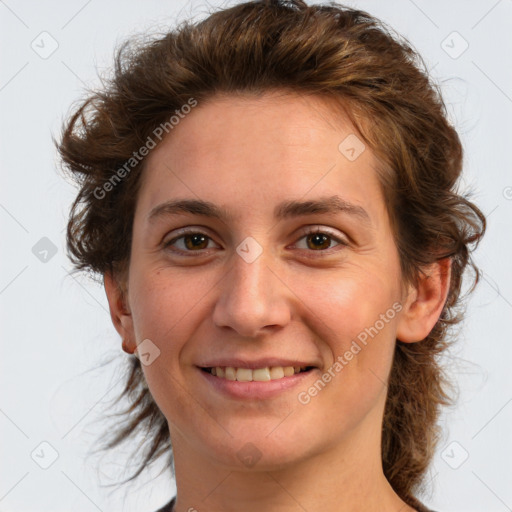 Joyful white young-adult female with medium  brown hair and green eyes