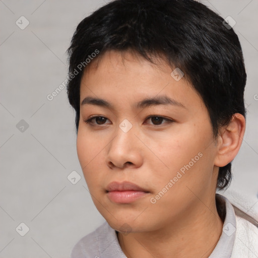 Neutral asian young-adult female with short  black hair and brown eyes