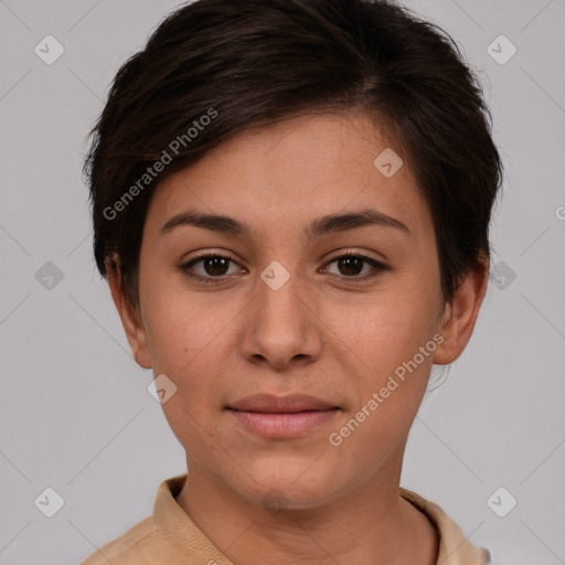 Joyful asian young-adult female with short  brown hair and brown eyes