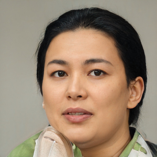 Neutral asian young-adult female with medium  black hair and brown eyes