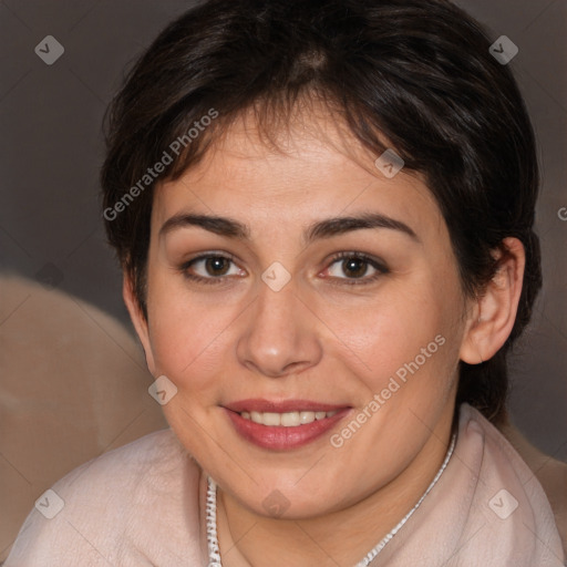 Joyful white young-adult female with medium  brown hair and brown eyes