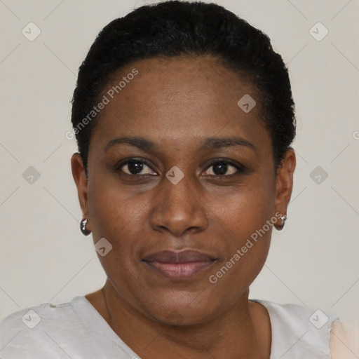 Neutral black young-adult female with short  black hair and brown eyes