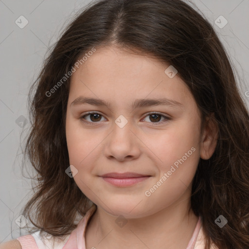 Joyful white child female with medium  brown hair and brown eyes