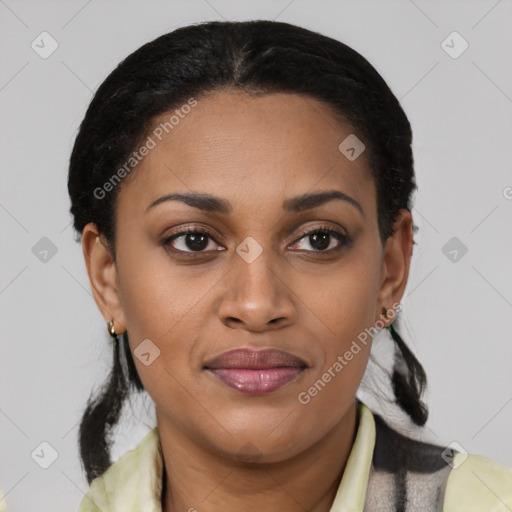 Joyful latino young-adult female with short  brown hair and brown eyes