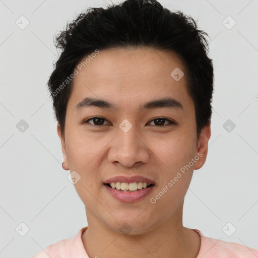 Joyful white young-adult male with short  black hair and brown eyes