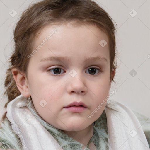 Neutral white child female with medium  brown hair and blue eyes