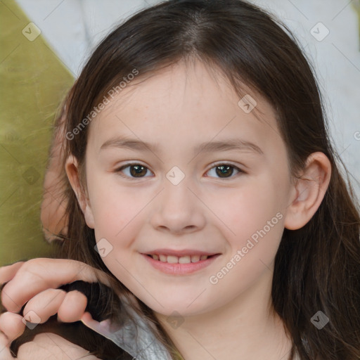 Joyful white child female with medium  brown hair and brown eyes