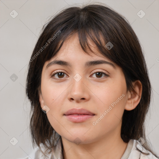 Neutral white young-adult female with medium  brown hair and brown eyes