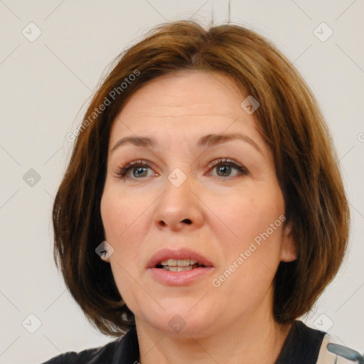 Neutral white adult female with medium  brown hair and brown eyes