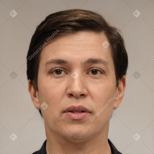 Neutral white adult male with short  brown hair and brown eyes