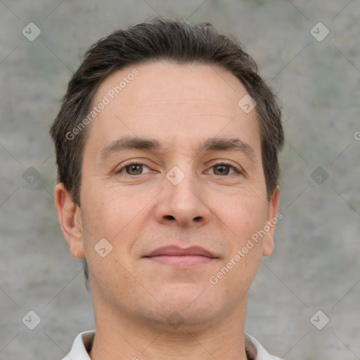 Neutral white adult male with short  brown hair and brown eyes