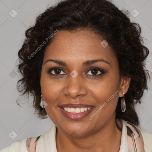 Joyful black young-adult female with medium  brown hair and brown eyes