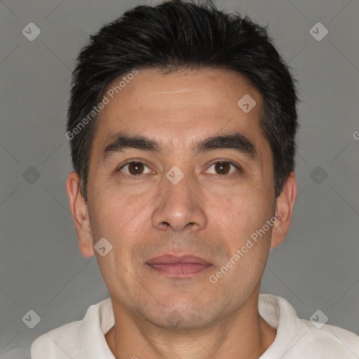 Joyful white adult male with short  black hair and brown eyes