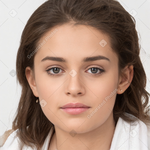 Neutral white young-adult female with medium  brown hair and brown eyes