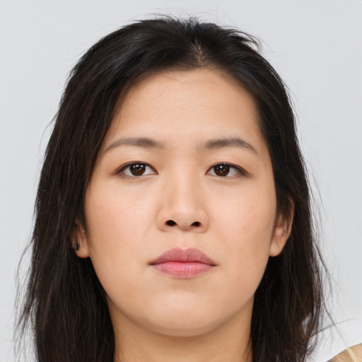 Neutral asian young-adult female with long  brown hair and brown eyes