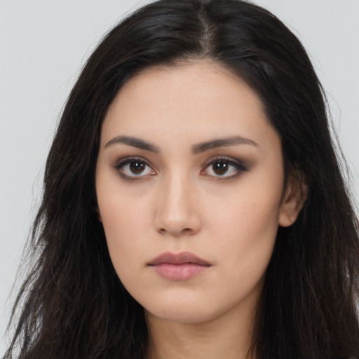 Neutral asian young-adult female with long  black hair and brown eyes