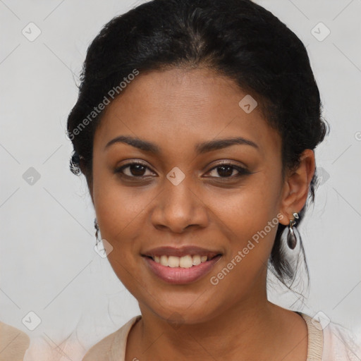 Joyful latino young-adult female with medium  black hair and brown eyes