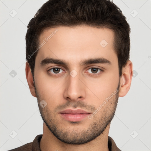 Neutral white young-adult male with short  brown hair and brown eyes