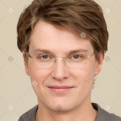 Joyful white adult female with short  brown hair and grey eyes