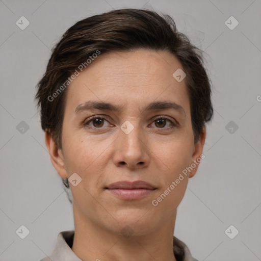 Joyful white young-adult female with short  brown hair and brown eyes