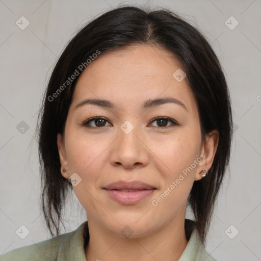 Joyful asian young-adult female with medium  brown hair and brown eyes