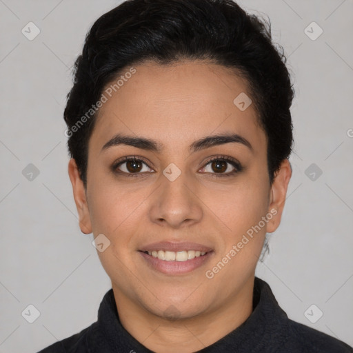 Joyful white young-adult female with short  brown hair and brown eyes