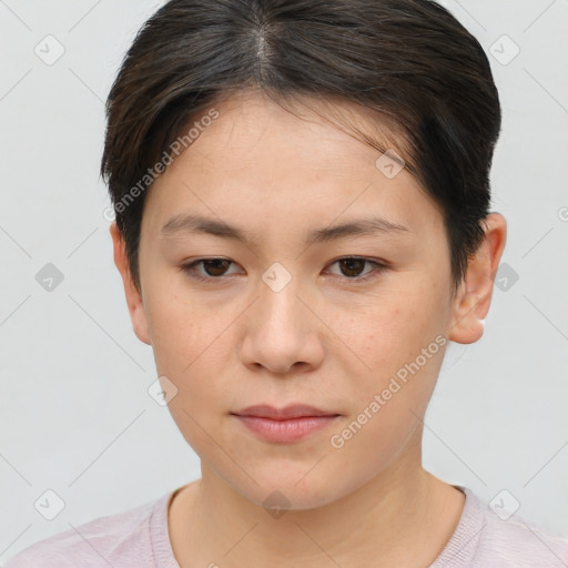 Neutral white young-adult female with short  brown hair and brown eyes