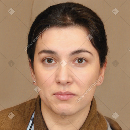 Neutral white young-adult female with short  brown hair and brown eyes