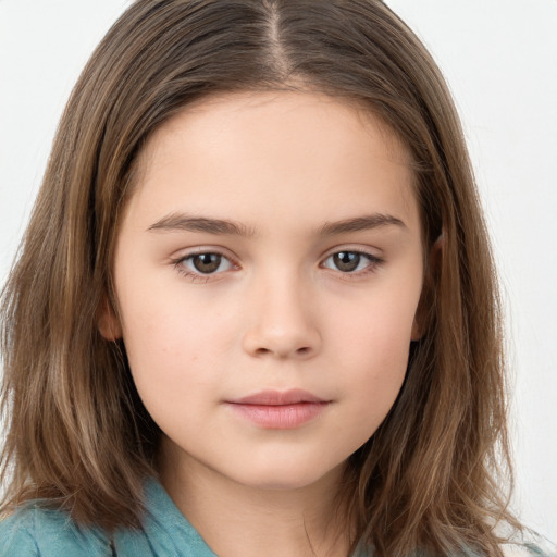 Neutral white child female with long  brown hair and brown eyes