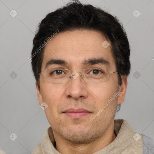 Neutral white adult male with short  black hair and brown eyes