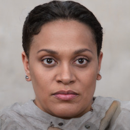 Joyful latino young-adult female with short  brown hair and brown eyes