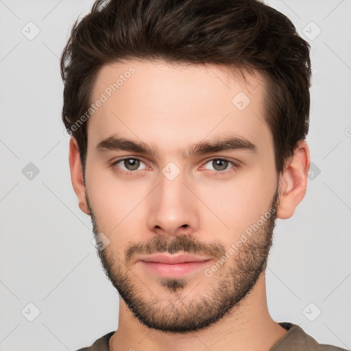 Neutral white young-adult male with short  brown hair and brown eyes