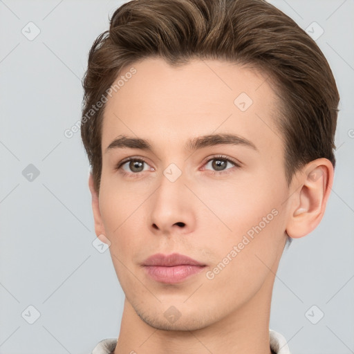 Neutral white young-adult male with short  brown hair and brown eyes