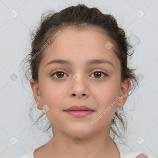 Joyful white child female with medium  brown hair and brown eyes